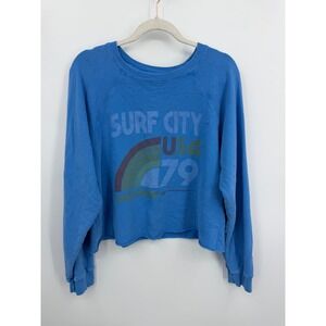 Retrobrand Surf City USA 79 Graphic Sweatshirt Womens Medium Blue Cropped Cotton